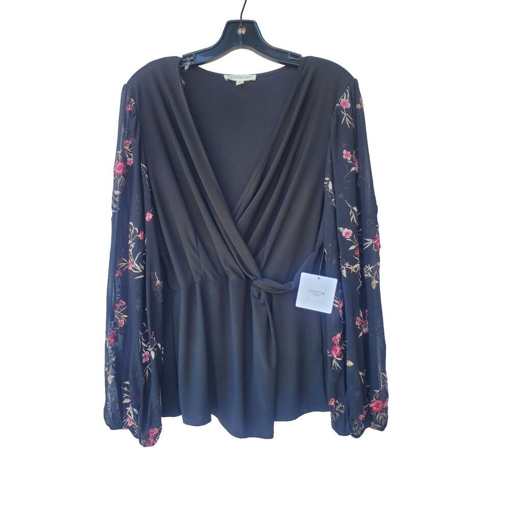 Perseption Concept Sheer Embroidered Sleeves Wrap Front Size XL
